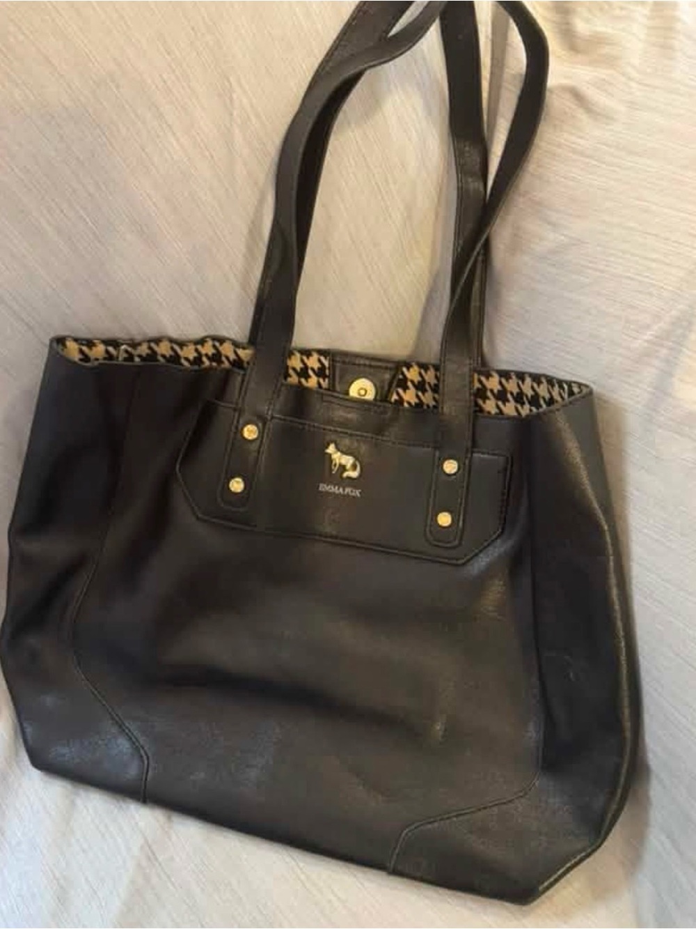Emma Fox Black Leather Tote with Houndstooth Trim